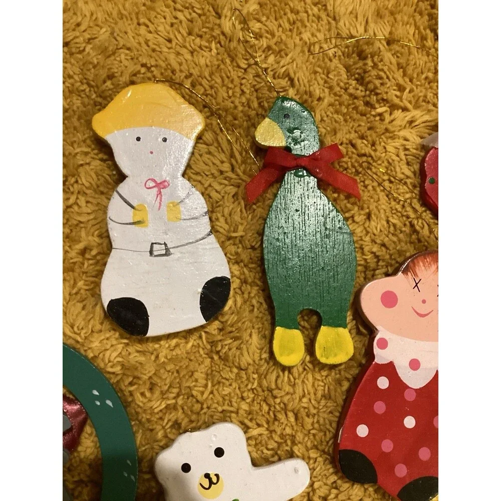 Wooden Painted Flat Christmas Tree Ornaments 17 Holiday Themed Decorations